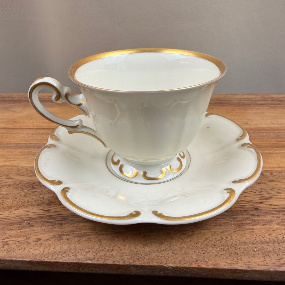 Johann Haviland Antoinette Teacup and Saucer Set Vintage Bavaria Gold Trim Cream